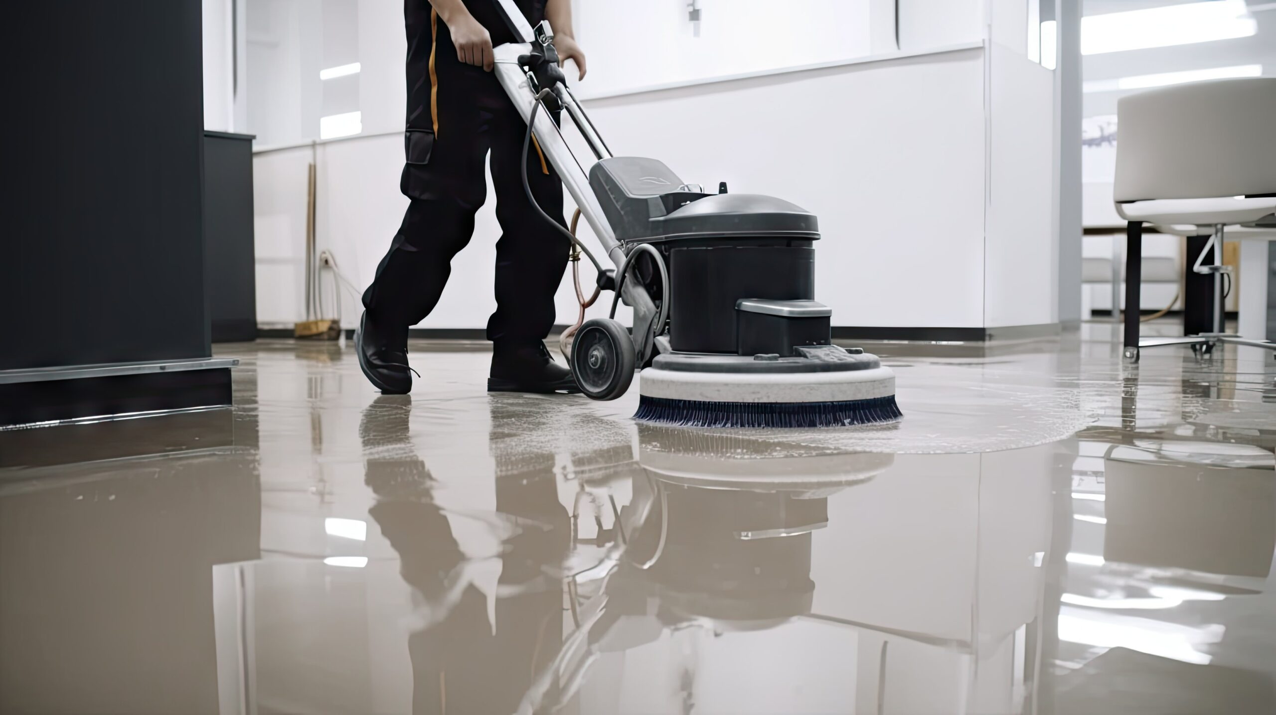 Worker Washing Office Floor with Cleaning Machine – AI Generated