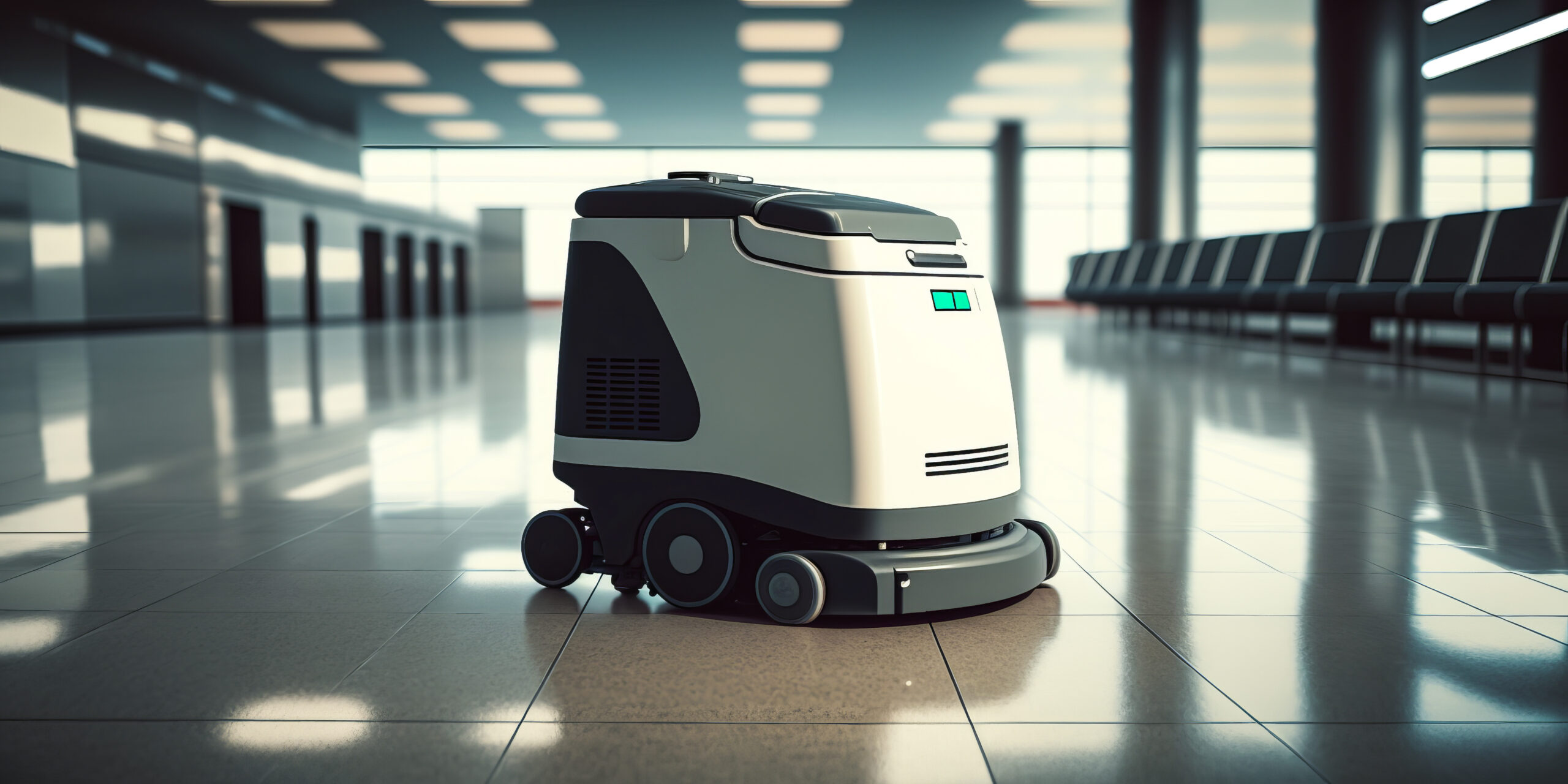 High-tech floor cleaning robot operates in a modern commercial area, showcasing innovation for tech companies and facility management.