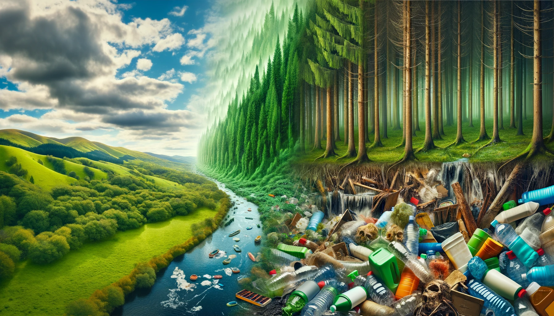 DALL·E 2023-11-17 08.35.20 – A wide landscape image showcasing the environmental impact of cleaning supplies. On the left, a lush, green forest teeming with wildlife, representing