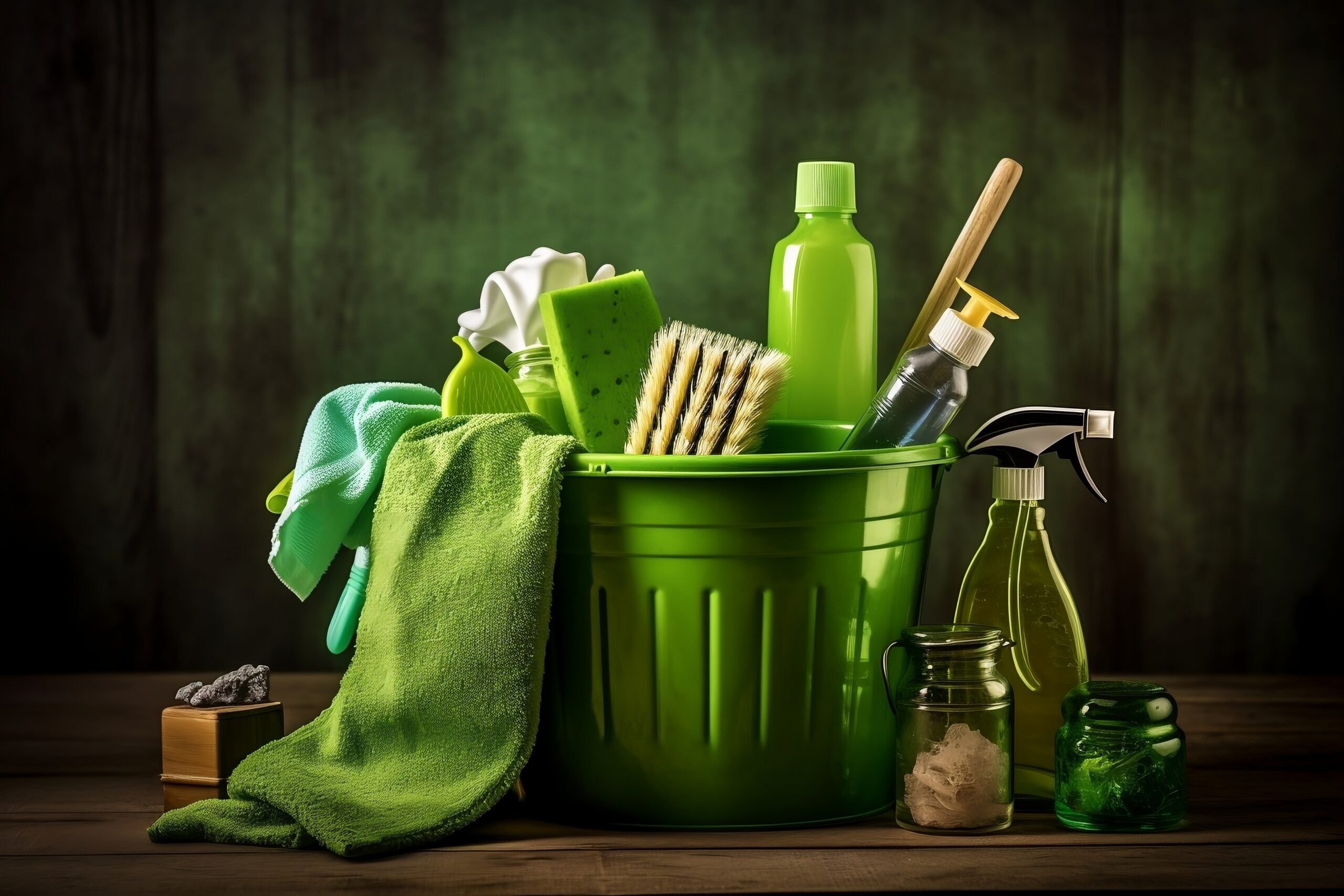 Green Cleaning Bucket with Cleaning Products. Ai