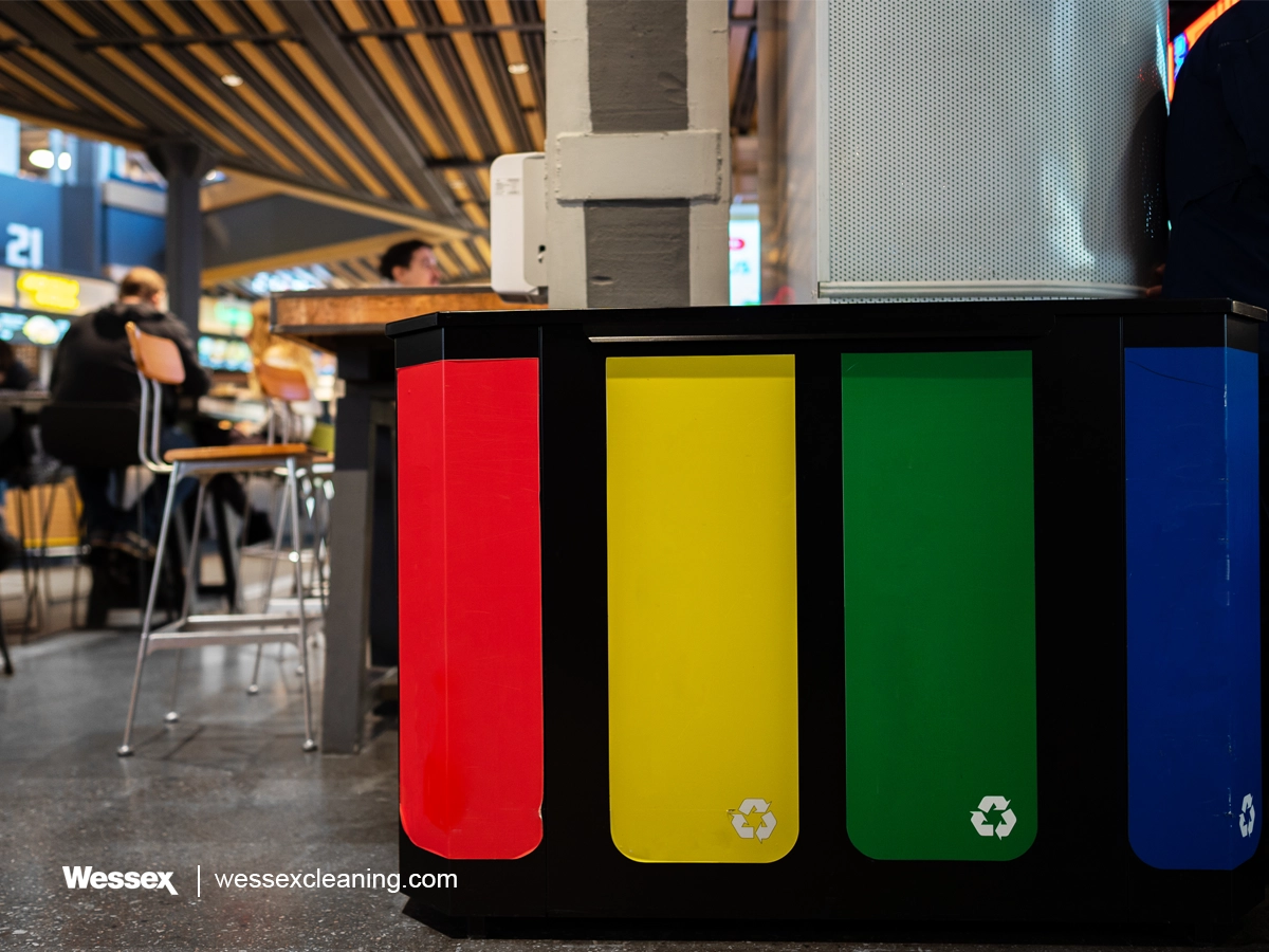 Trash containers for recycling in a shopping centre, showcasing the proper waste separation practices required by the new Simpler Recycling policy for businesses to comply with England's recycling regulations.