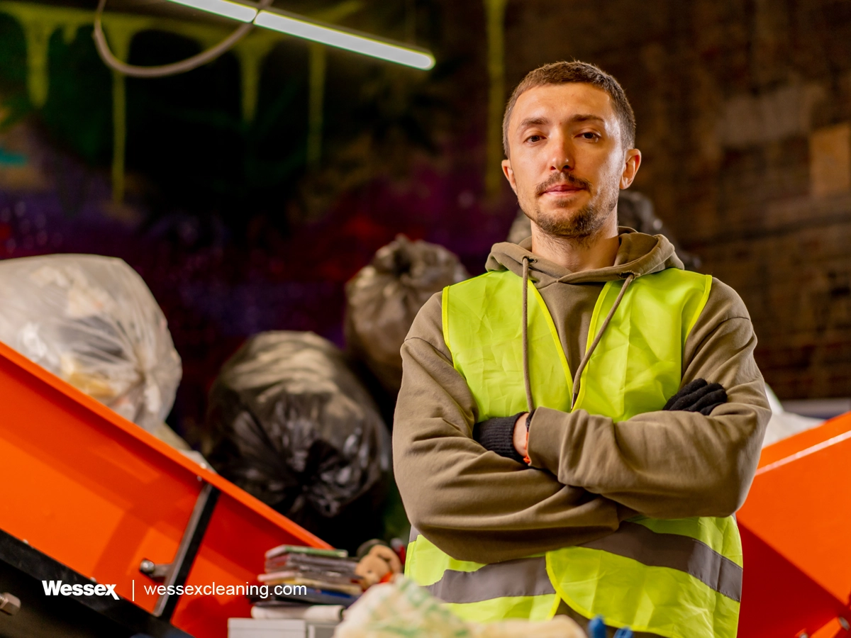 A business owner in a protective vest, looking serious, symbolising the importance of compliance with the Simpler Recycling policy and waste management regulations.