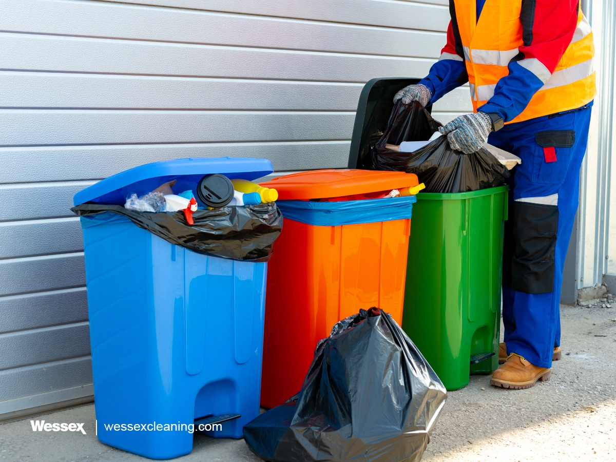 A janitor emptying a trash container outdoors, highlighting the importance of proper waste disposal and the need for businesses to comply with the new Simpler Recycling policy for waste separation and recycling.