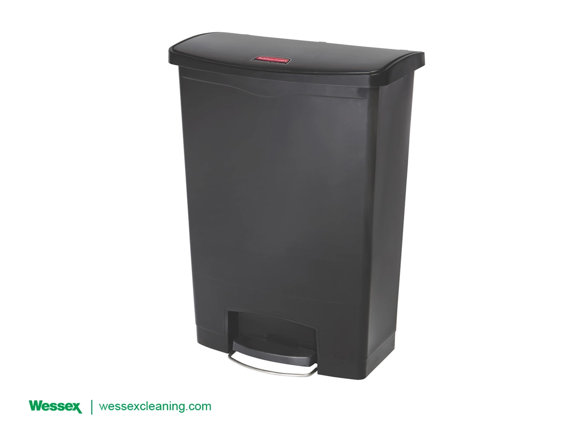 Rubbermaid Slim Jim 90L Resin Front Step-On Bin in black, ideal for waste separation and recycling compliance with the England Recycling Policy and Simpler Recycling.