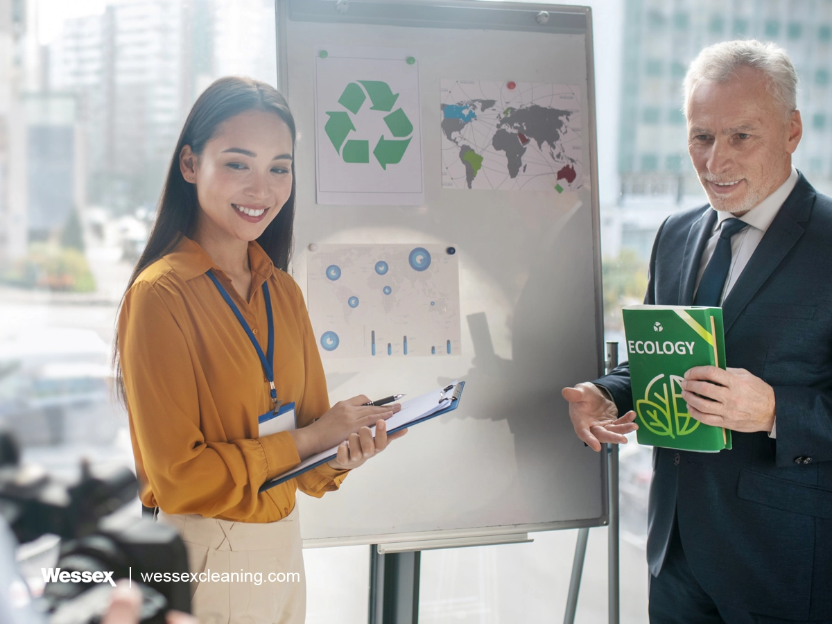 A business team strategising on sustainability measures and steps to achieve the UK Net Zero 2050 target, discussing energy efficiency, green practices, and emissions reduction.