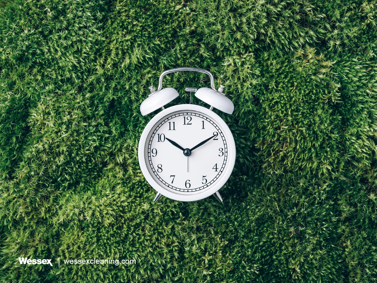 A clock on a grass background symbolizing the timeline towards the UK Net Zero target, set for 2050. Representing the urgency to meet sustainability goals.
