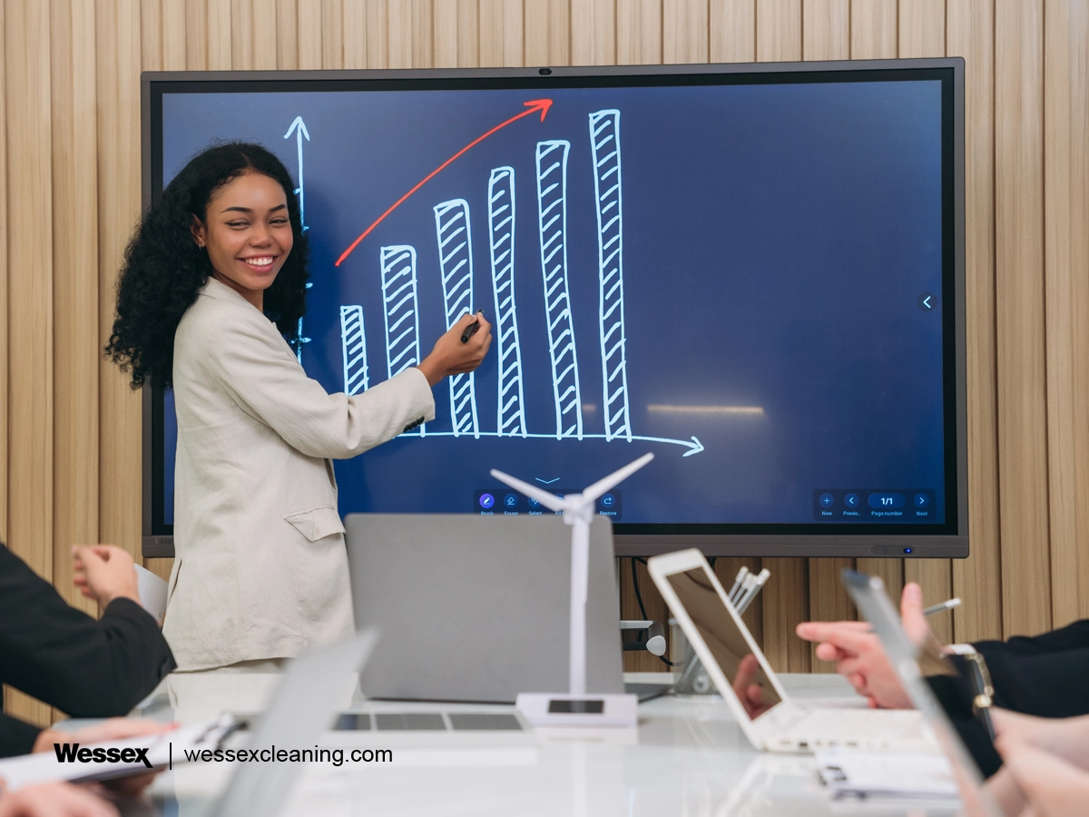 Business professionals in a conference room discussing workplace cleaning technology and hygiene solutions.