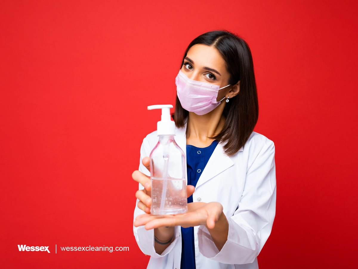 Doctor in a white lab coat holding a disinfectant bottle, busting myths about sanitisers.
