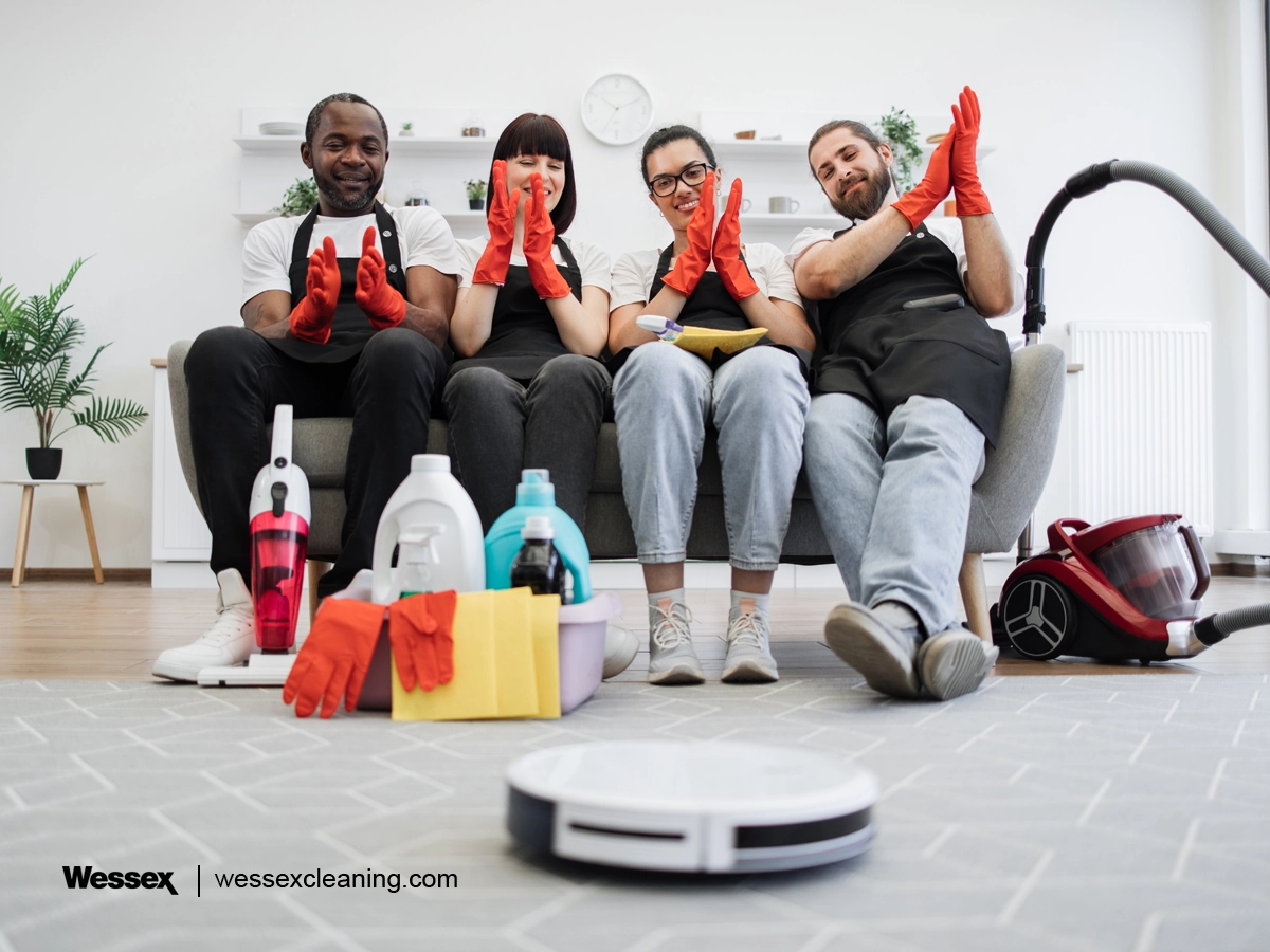 A robot vacuum cleaner autonomously cleans the floor while a team of housekeepers claps in approval, highlighting the impact of automation in workplace cleaning.