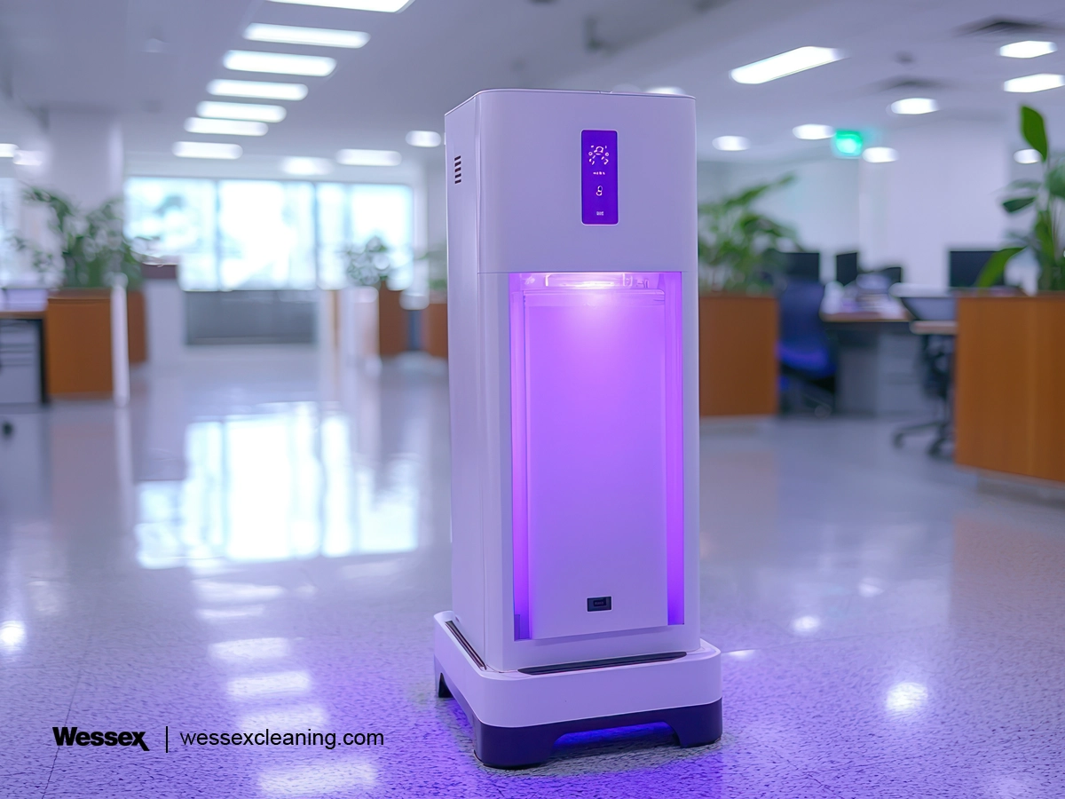 UV-C light disinfection in a modern office, ensuring a hygienic and germ-free workplace.