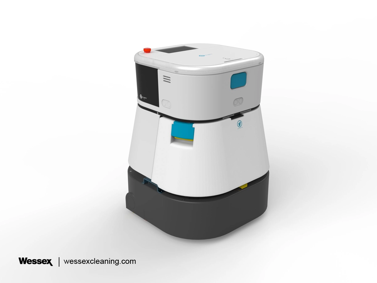 i-team Global Cobotic 45 autonomous cleaning robot efficiently scrubbing office floors, enhancing workplace hygiene and productivity.