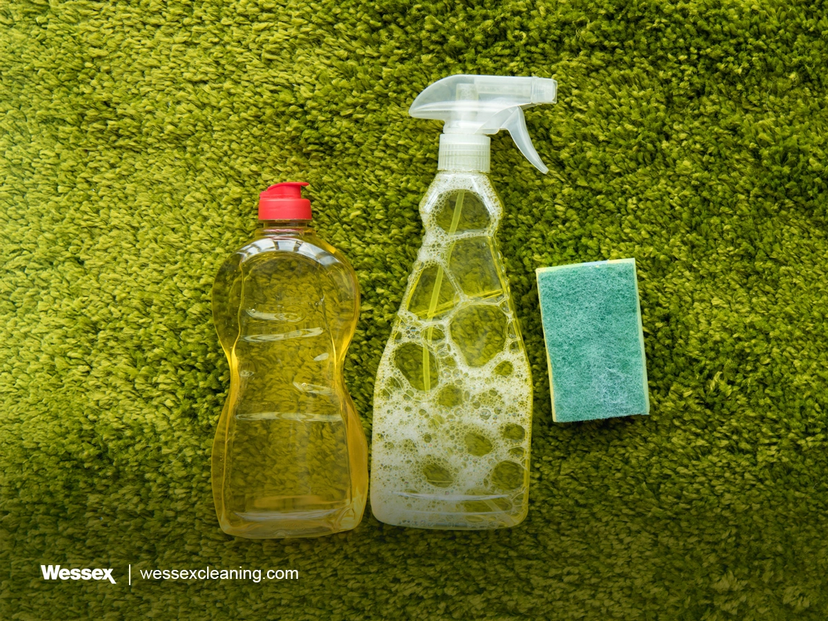 Top view of detergent bottles and a cleaning rag on a green carpet, representing modern cleaning solutions for businesses.