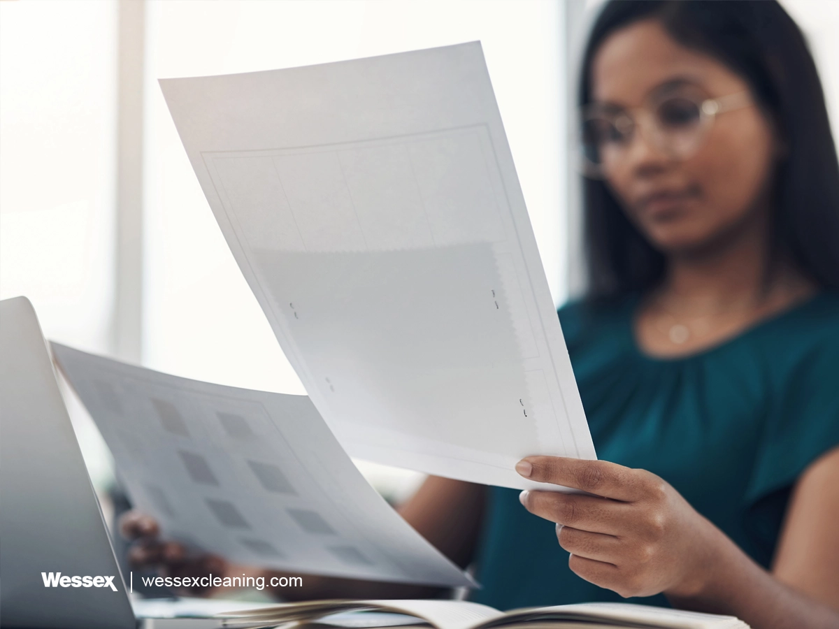 Woman reading an SDS document to ensure safety and compliance