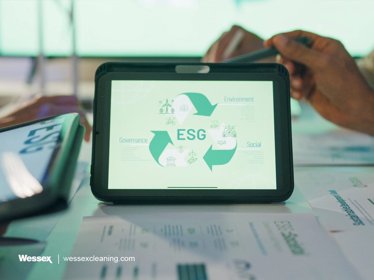 Tablet on a business desk showing the text "ESG," symbolising sustainability and corporate responsibility.