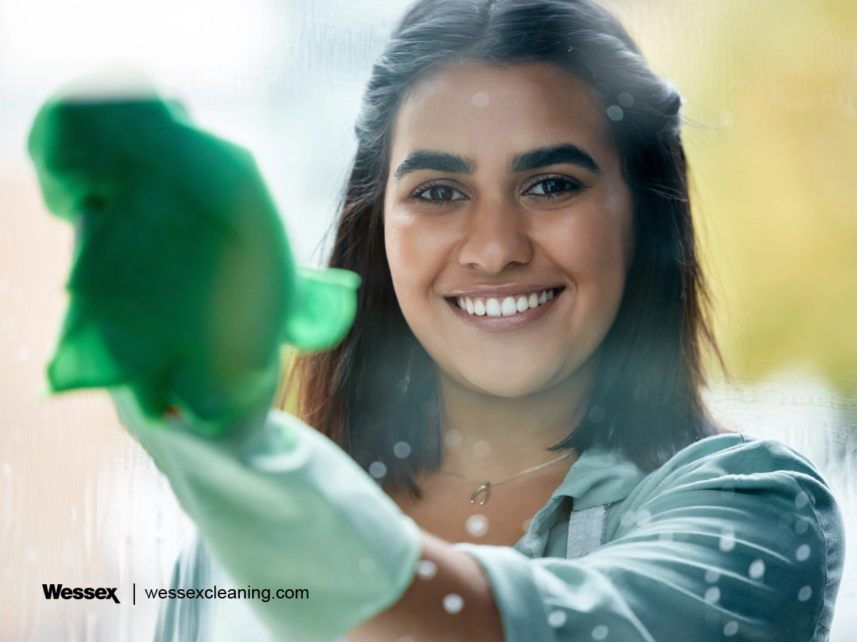 Young woman cleaning windows with a green cloth, showcasing the use of efficient cleaning tools to reduce waste.