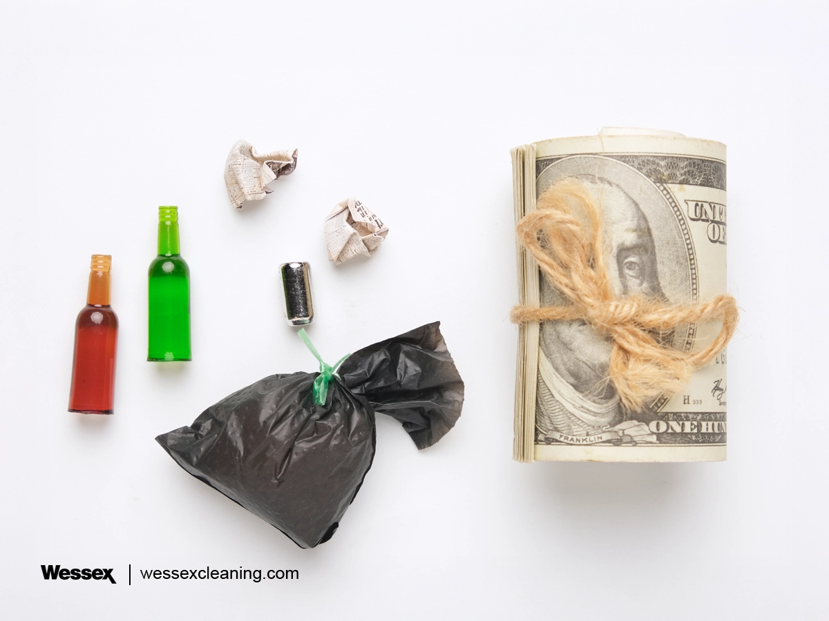 Money next to waste bins, symbolizing the hidden financial costs of waste in business operations, including disposal fees and excess inventory.