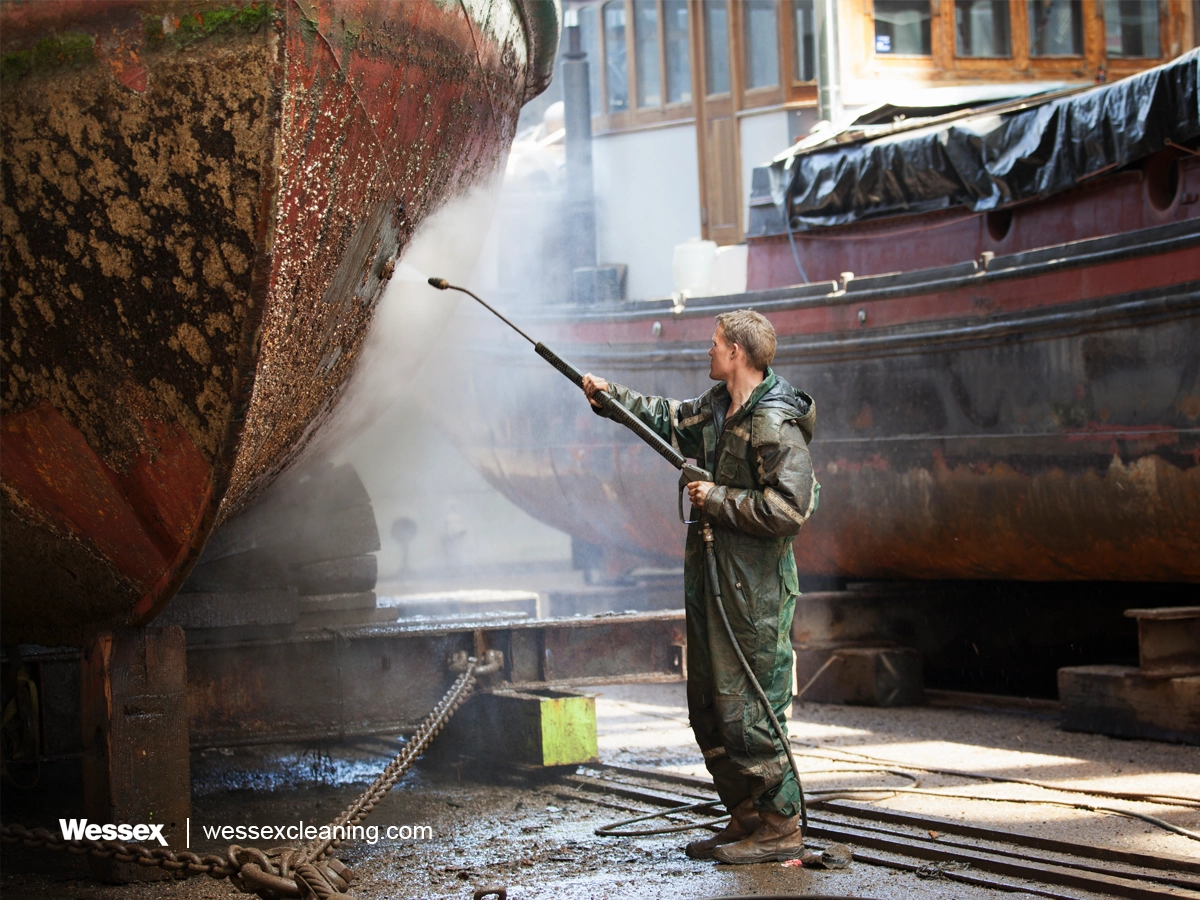 Worker using a high-pressure cleaner on a boat, highlighting water waste in cleaning