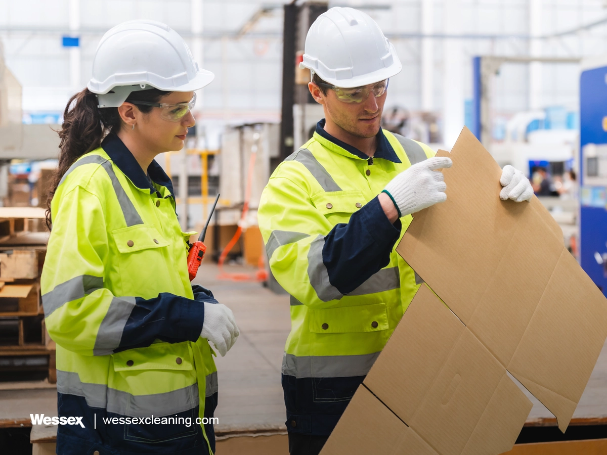 Professional team supervisor inspecting packaging stock in a cardboard factory warehouse