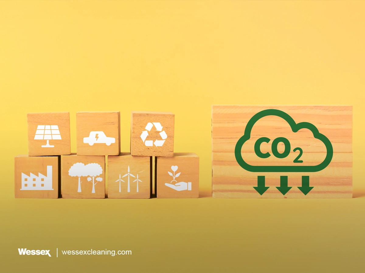 Wooden blocks with icons representing reducing carbon footprint concept