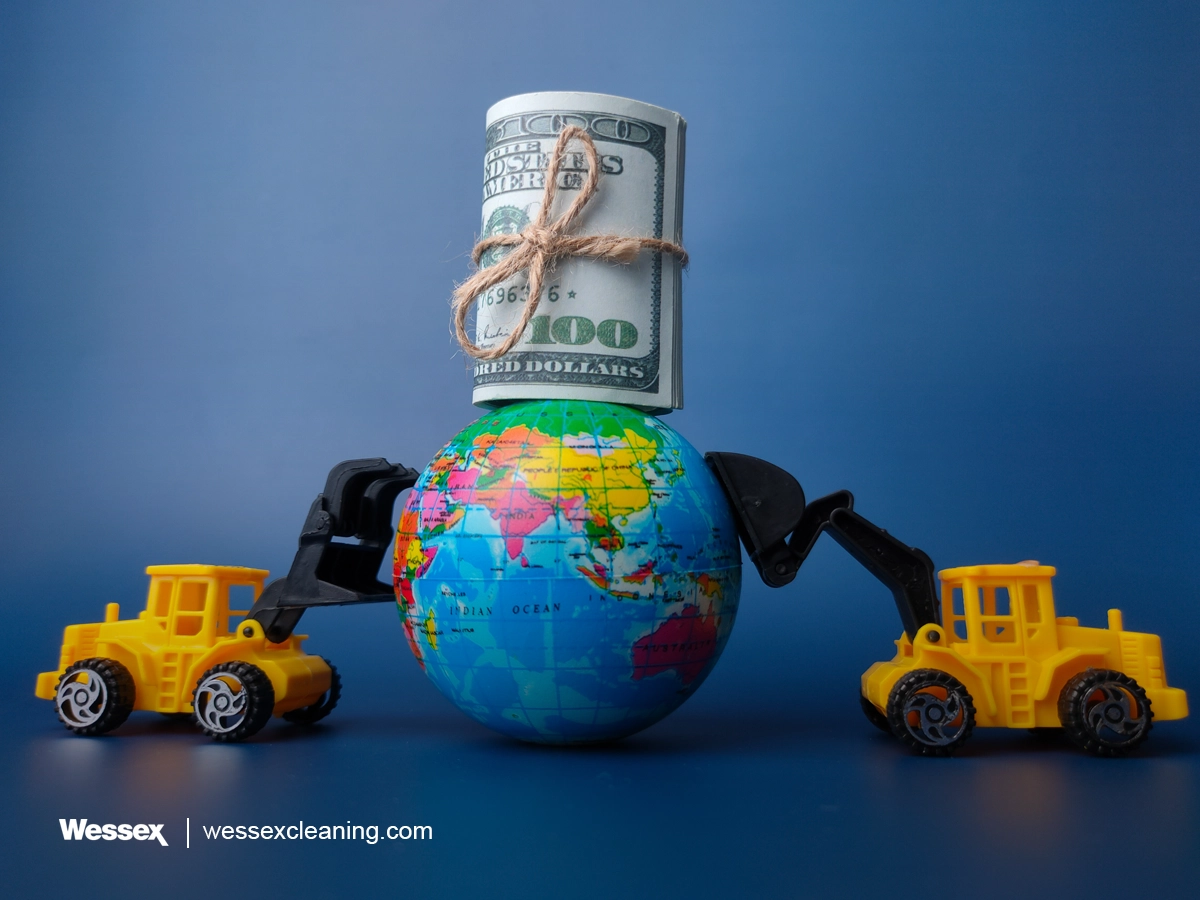 Excavator Pushing Globe and Money, Intensity Emissions Concept