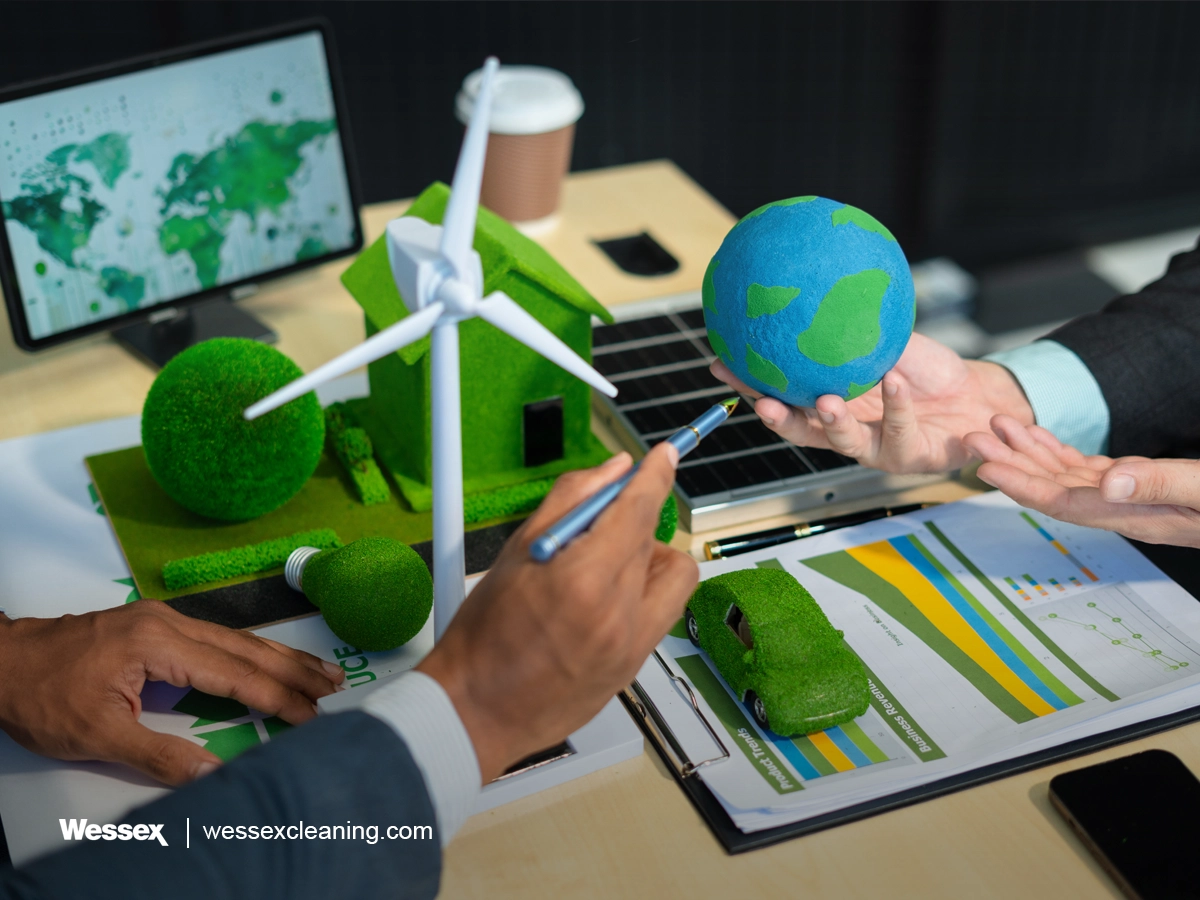 Renewable energy wind turbines powering green businesses to reduce CO₂ emissions