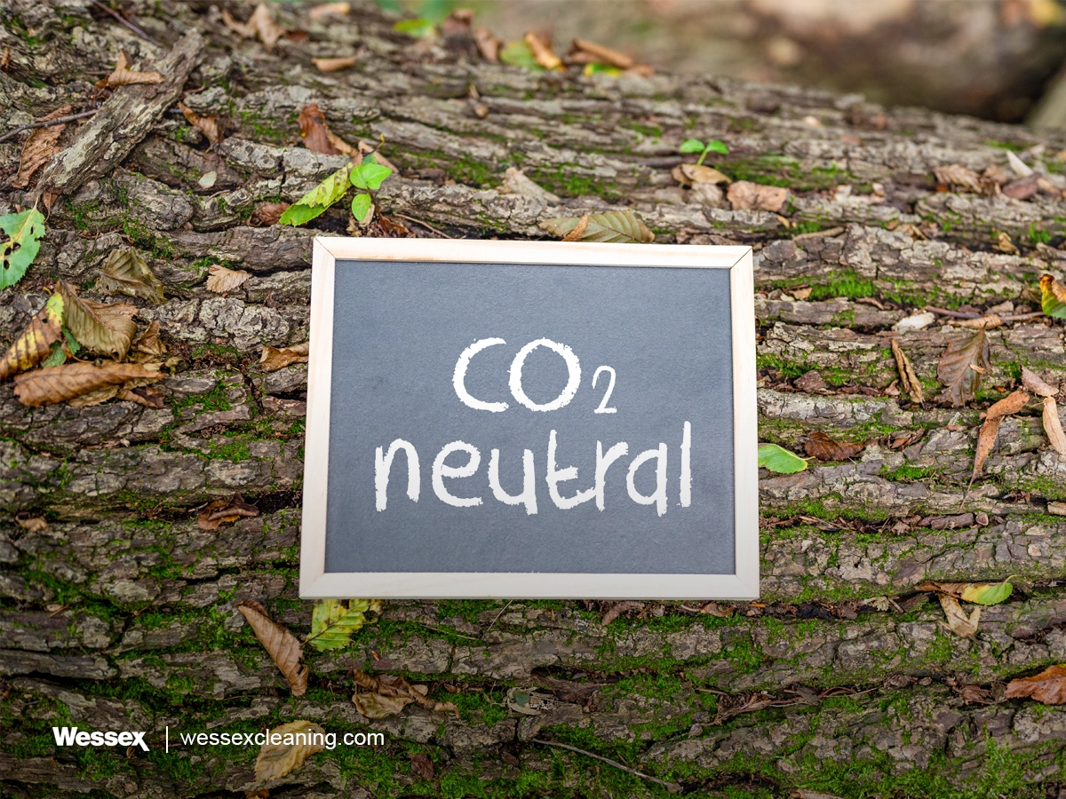 “CO2 neutral” written on a wooden board attached to a tree trunk, representing carbon neutrality