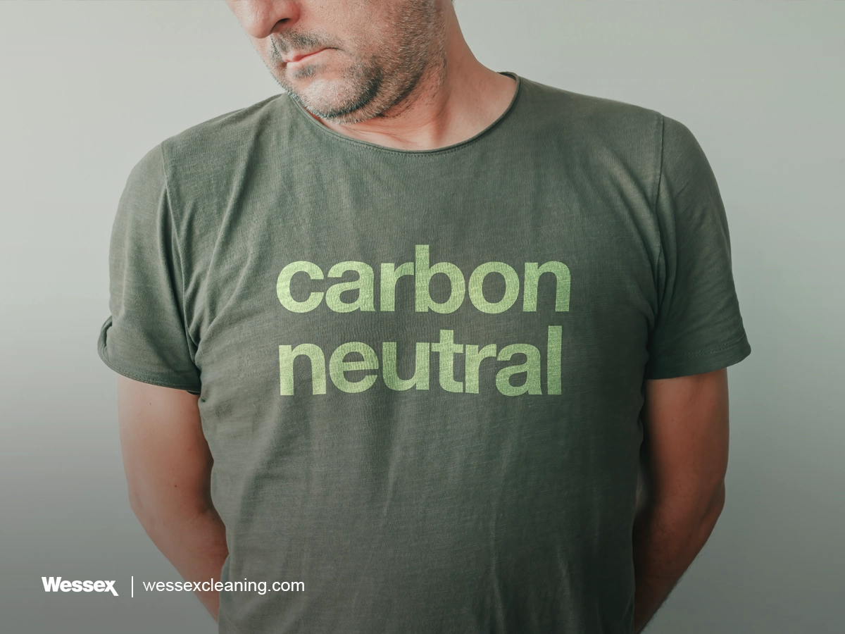 Man wearing green t-shirt with “Carbon Neutral” text, highlighting carbon neutral claims