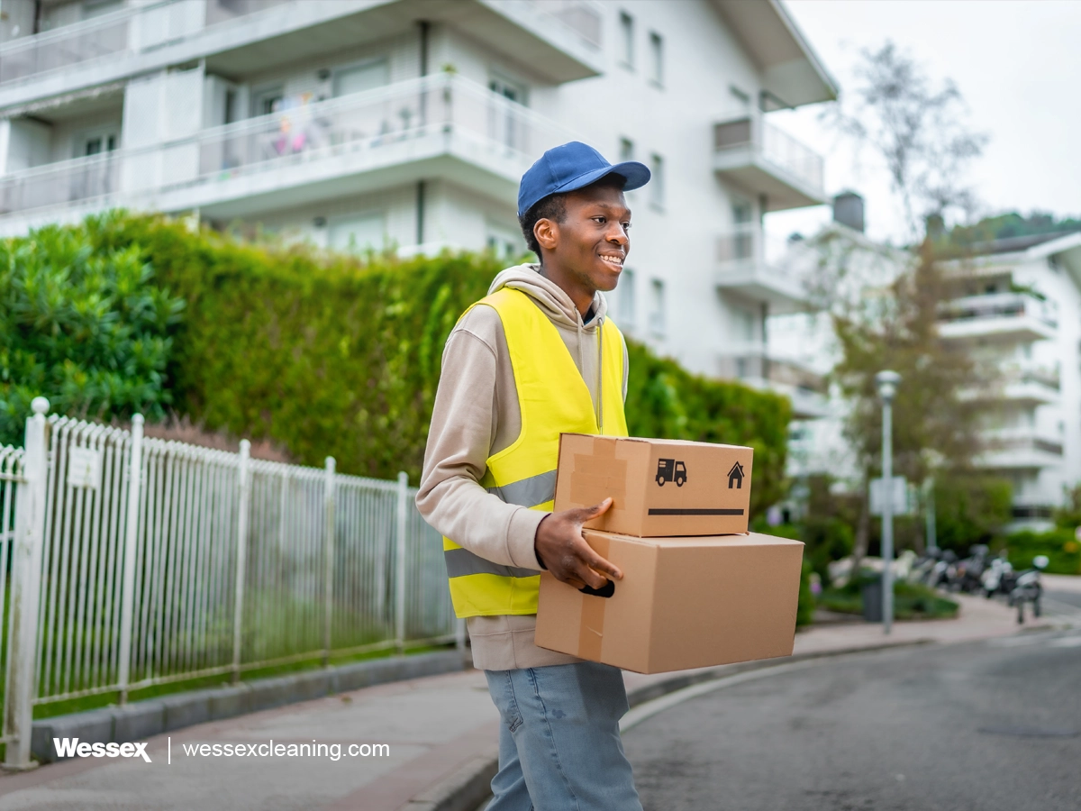 Delivery man carrying packages through the city, en route to customers
