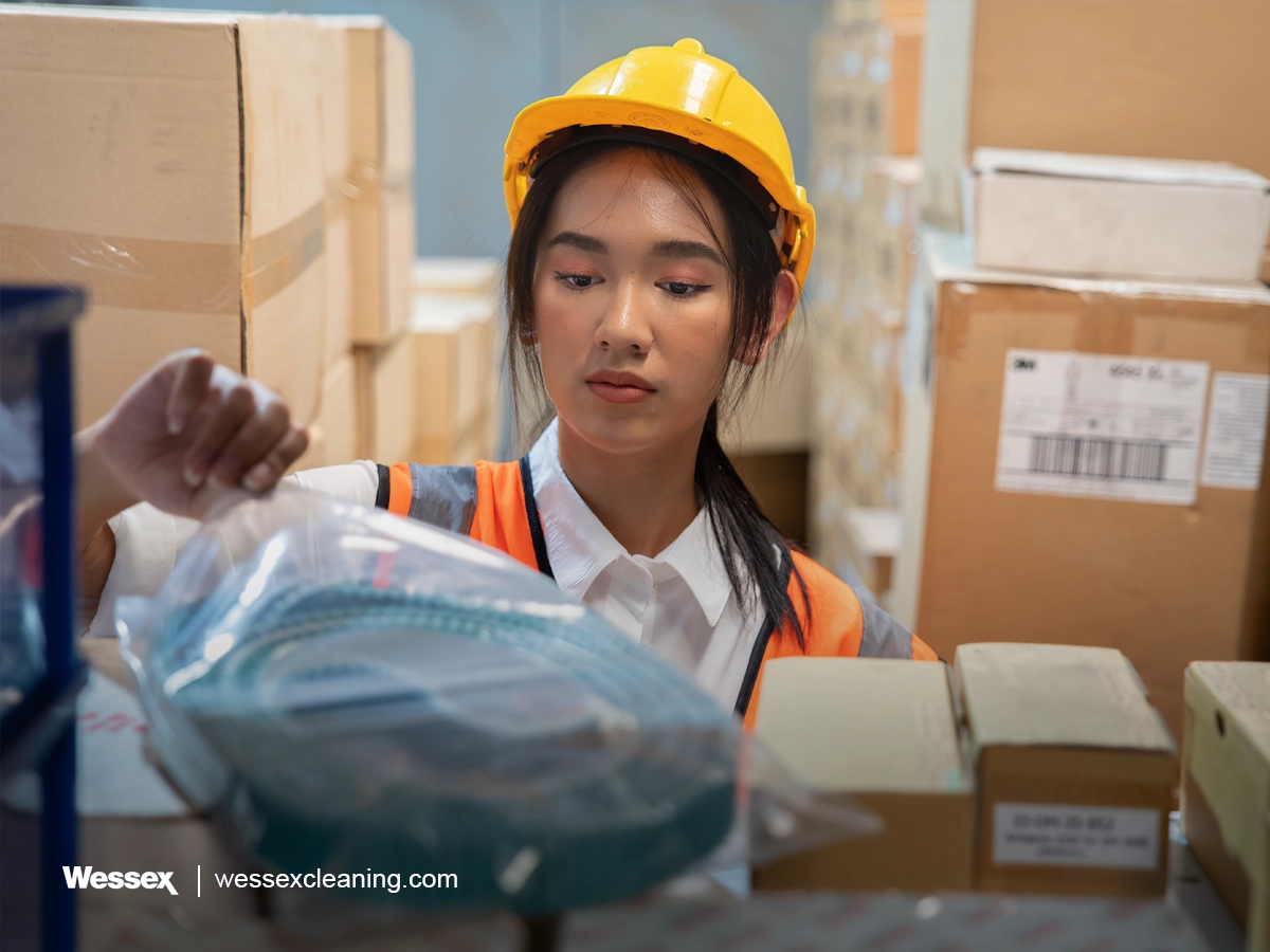 Woman in high-visibility vest checking and arranging boxes on warehouse shelves